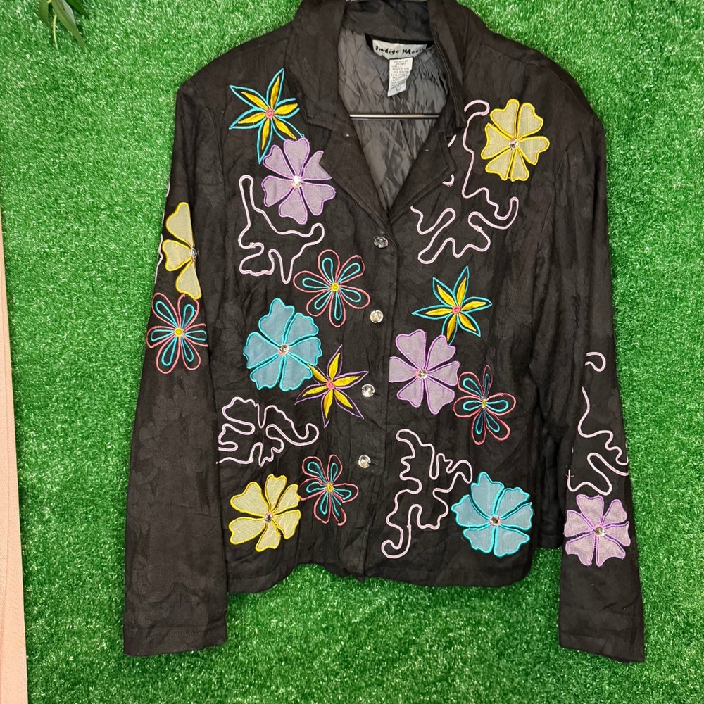 Indigo Moon Black Floral Embroidered Art to Wear Jacket Women's L Rhinestone